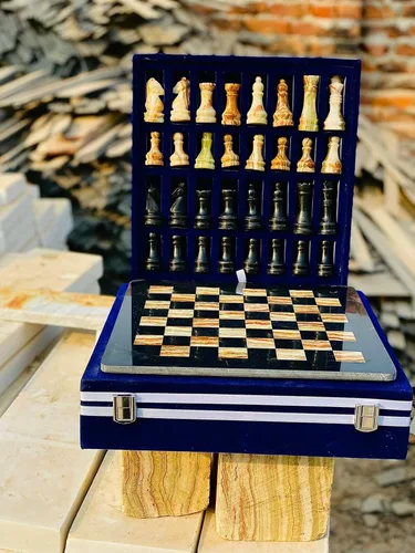 Miniatura 4 de NB - Juego de ajedrez de mármol hecho a mano de 12 pulgadas con caja de regalo de terciopelo azul, elegante tablero de ajedrez de piedra con juego
