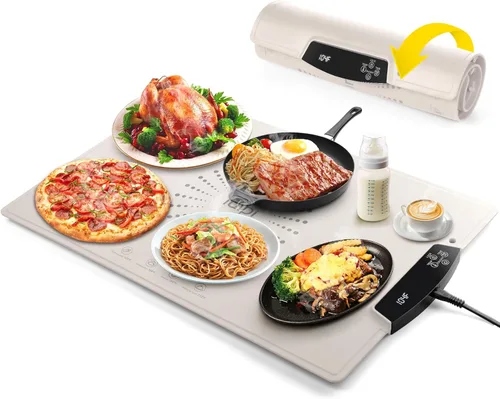 Tapete de calentamiento de alimentos, bandeja de calentamiento eléctrica grande con 7 ajustes de temperatura, temporizador de 2 a 12 horas y bloqueo