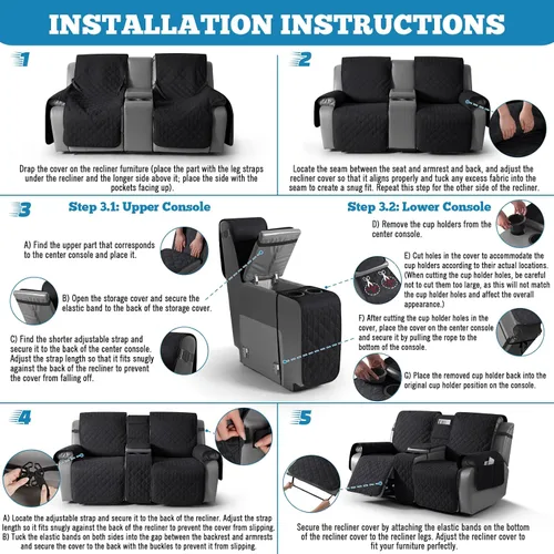 Miniatura 6 de TAOCOCO Funda para Sillón de Dos Plazas Reclinable 100% Impermeable con Consola Central, Funda de Sofá Reclinable Reversible para 2 Asientos
