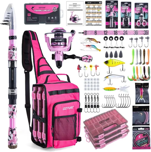 Miniatura 13 de Goture Combo de caña de pescar y carrete rosa - Carrete giratorio ML Action con bolsa rosa - Kit de caña telescópica para principiantes, viajes