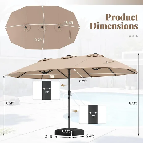 Miniatura 4 de Tangkula Sombrilla solar de doble cara de 15 pies para patio, sombrilla individual extragrande para exteriores con 48 luces LED, parte superior