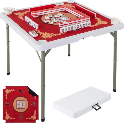Miniatura 12 de Goplus Mesa de Mahjong, mesa plegable cuadrada de 35" con 4 portavasos, alfombrilla antideslizante, superficie de HDPE, patas de metal, mesa