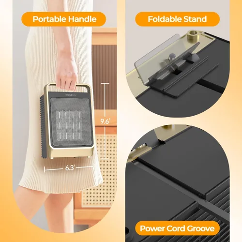 Miniatura 7 de ROSEKM Calentadores de espacio para uso en interiores, calentador eléctrico portátil de 1500 W con termostato, calentador de cerámica