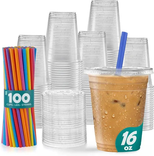 GUSTO 100 tazas transparentes con tapas planas y pajitas, vasos desechables transparentes para café helado, bebidas frías, batidos y licuados de
