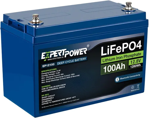 ExpertPower Batería de litio LiFePO4 recargable de ciclo profundo de 12 V/100 Ah | Bluetooth | Ciclos de vida de 2500-7000 y vida útil de 10 años |