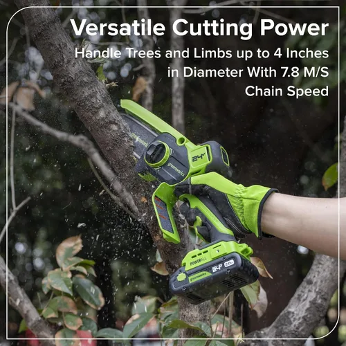 Miniatura 8 de Greenworks Mini motosierra sin escobillas de 24 V y 4 pies (engrasador automático, tensión sin herramientas, ultraligera), batería y cargador