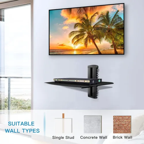 Miniatura 4 de suptek Estante flotante de vidrio, estante multimedia de 1 nivel para accesorios de TV, soporte de montaje en pared negro plano, capacidad