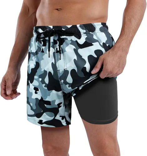 QRANSS Traje de baño para hombre, forro de compresión, secado rápido, 5.5 pulgadas, pantalones cortos de natación con forro tipo bóxer