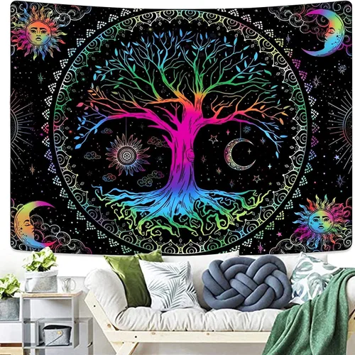 Miniatura 4 de Kanuyee Tapiz de pared con diseño de árbol de la vida, mandala, estrella y luna y galaxia, color negro para decoración de habitación
