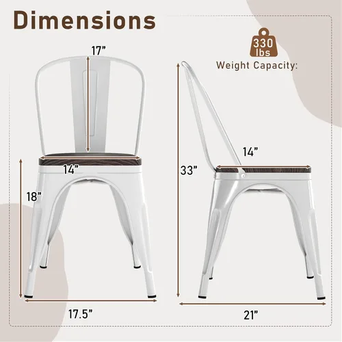 Miniatura 3 de COSTWAY Tolix - Sillas de comedor estilo industrial, apilables, de metal, con asiento de madera, juego de 4 (color blanco y marrón)