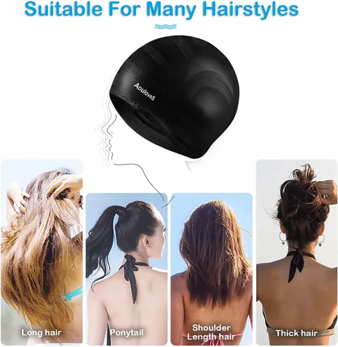 Miniatura 5 de Paquete de 2 gorros de natación unisex con protección 3D para los oídos, gorras de natación de silicona duraderas para mujeres, hombres, adultos