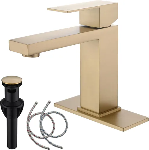 Grifos de baño de oro cepillado de un solo agujero, grifo de acero inoxidable de una sola manija para fregadero de baño con tapón emergente, grifo
