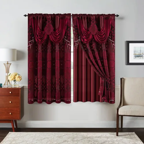 Petrichor Cortinas de gasa jacquard transparente borgoña (54 pulgadas de ancho x 63 pulgadas de largo), 2 paneles con cenefa adjunta, diseño floral
