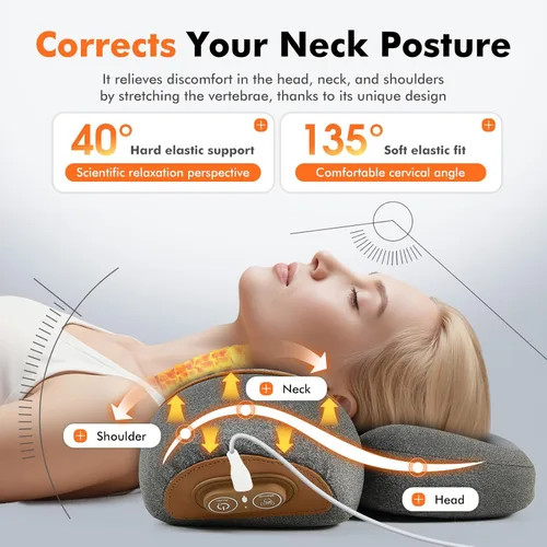 Miniatura 5 de Almohada masajeadora de cuello con calefacción inalámbrica para aliviar el dolor de tejido profundo, dispositivo de tracción cervical recargable 3