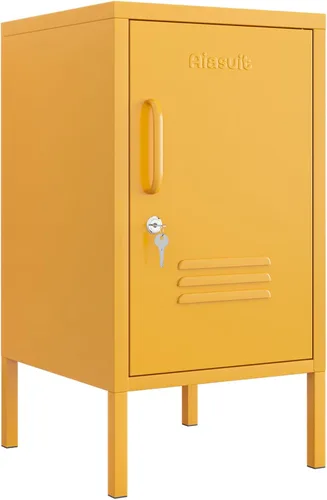 Miniatura 8 de Mesa auxiliar de una sola puerta, armario de almacenamiento de metal con cerradura, mesita de noche para niños de 2 niveles con estante ajustable