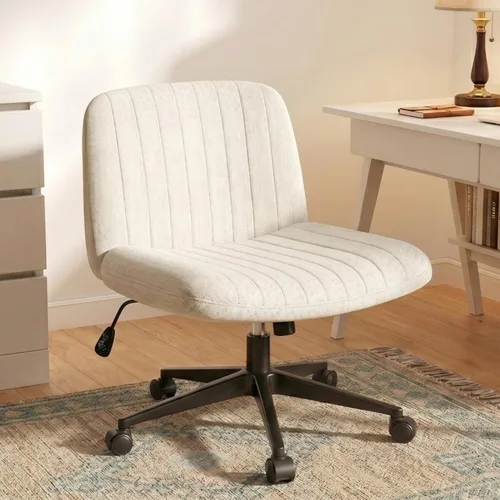 Silla cruzada con ruedas, silla de oficina con patas cruzadas de 26 pulgadas de ancho con altura ajustable, silla giratoria de tela sin brazos para