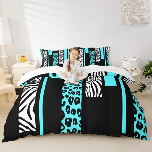 Miniatura 25 de Juego de funda de edredón con estampado de leopardo, tamaño individual, juego de ropa de cama rústica con rayas de piel de cebra, decoración