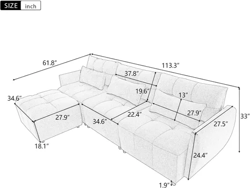 Miniatura 2 de KEVINSPACE Sofá moderno de 113.3 pulgadas, sofá de 3 plazas para sala de estar, sofá de tela de felpilla con puertos USB otomano, juego de 3
