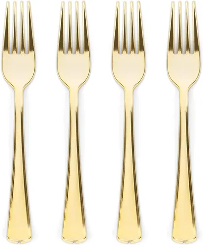 Prestee 100 tenedores de plástico – Utensilios de cubiertos de plástico dorado resistentes de 7 pulgadas – Tenedores dorados elegantes y desechables