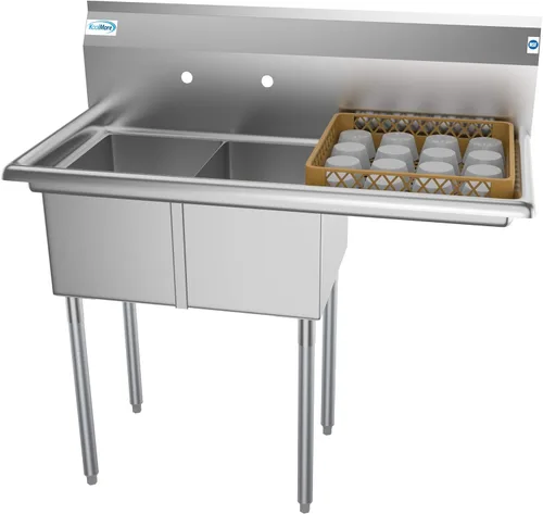 KoolMore - SB121610-16R3 - Fregadero de cocina comercial NSF con 2 compartimentos, de acero inoxidable, con escurridor, tamaño del tazón: 12 x 16 x