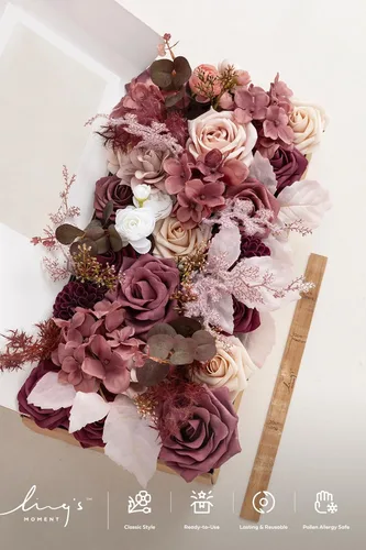 Miniatura 6 de Ling's moment Caja de Flores Falsas, Tallos de Vegetación Artificial Falsa, Rosas de Espuma, Gardenias, Hortensias de Seda, Ranúnculos, Flor de Tela