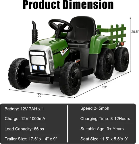 Miniatura 6 de Costzon Tractor de paseo con remolque desmontable, vehículos eléctricos para niños con cargador de tierra de cambio de 3 marchas, diseño inalámbrico