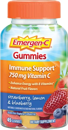 Emergen-C Gomitas de vitamina C de 750 mg para adultos, gomitas de apoyo inmunológico, sin gluten, sabores de fresa, limón y arándanos, 45 unidades