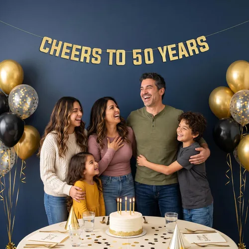Miniatura 5 de Cartel Fiftylicious con purpurina negra preencordada, divertidas decoraciones de cumpleaños 50 y aniversario para hombres y mujeres, suministros