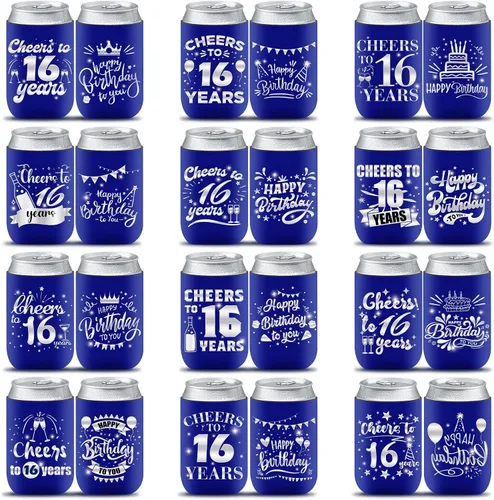 Decoración de manga enfriadora de latas de cumpleaños número 16, 24 piezas de recuerdos de fiesta para niñas y niños, suministros de decoración de