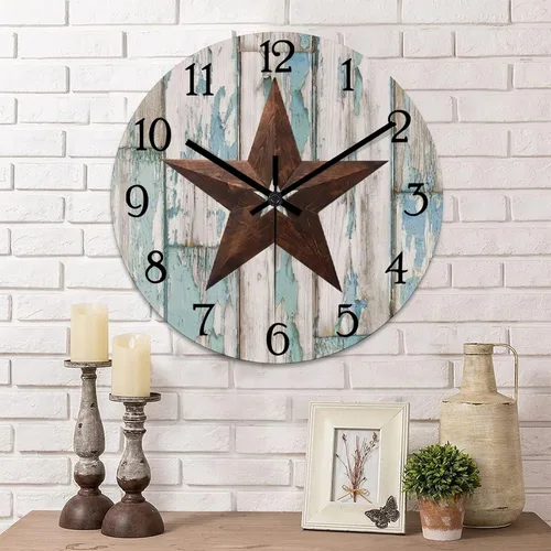 Reloj de pared vintage con estrella de Texas occidental de madera rústica, sin tictac, silencioso, funciona con pilas, fácil de leer, elegante reloj