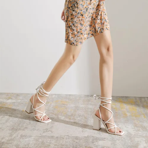 Miniatura 3 de Sandalias de tacón grueso con cordones para mujer, bonitas sandalias de tacón de bloque para mujer, elegantes y sexys con punta cuadrada