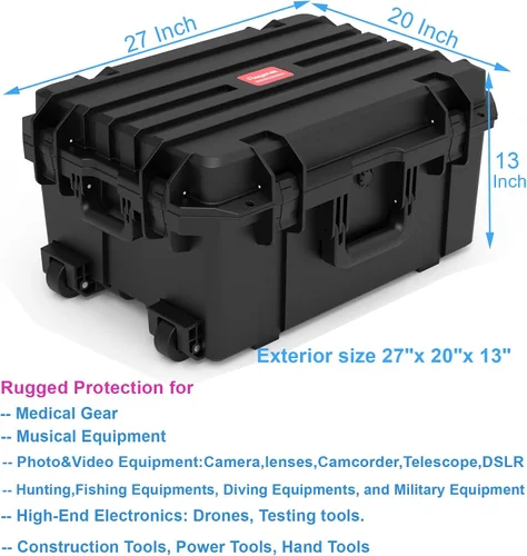 Miniatura 4 de Regetek Funda rígida impermeable, 27 x 20 x 13 pulgadas, funda rígida con ruedas, mango retráctil para cámara, dron, herramienta, electrónica, a