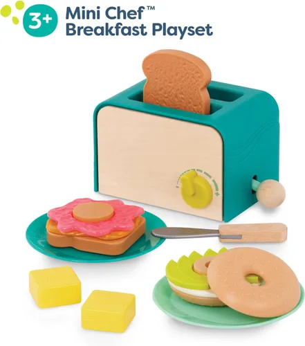 Miniatura 9 de B. toys – Mini Chef – Juego de simulación de tostadora – Juego de desayuno de simulación – Set de brunch de 14 piezas – Tostadora emergente