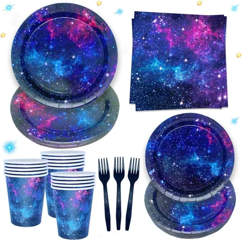 Space Galaxy Party Supplies - Juego de vajilla temática del espacio exterior, decoración de fiesta de cumpleaños, noche estrellada, sistema solar,