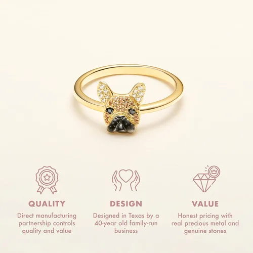 Miniatura 5 de SCAMPER & CO Regalos para el día de San Valentín para ella, anillo de plata de ley Bulldog francés para mujer, chapado en oro amarillo de 18