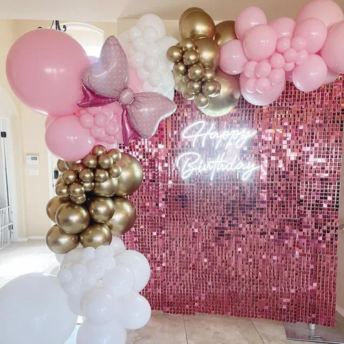Miniatura 6 de COKAOBE Telón de fondo de pared rosa brillante, 24 piezas de panel cuadrado de lentejuelas brillantes, fondos de fotos para cumpleaños, aniversario