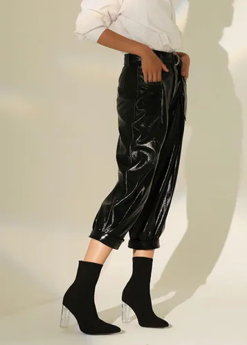 Miniatura 5 de Shoe'N Tale - Botas de tobillo con calcetín de punto para mujer, con punta, tacón medio transparente, fáciles de poner, botines elásticos