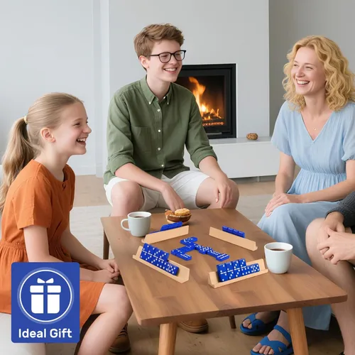 Miniatura 6 de Juego de dominós jumbo para adultos con 4 estantes/bandejas de madera, juego de dominós doble 6 de viaje con estuche portátil, juego de dominós Azul