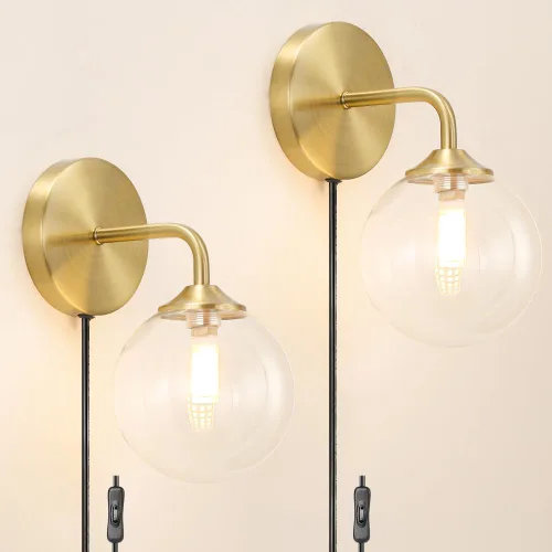 Miniatura 11 de Juego de 2 apliques de pared blancos enchufables, lámpara de pared moderna con cable de enchufe, aplique de madera con pantalla de metal martillado
