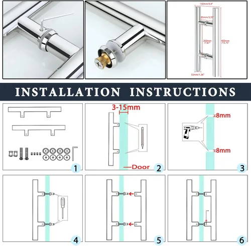Miniatura 7 de Alise Manija de puerta de ducha, manija de puerta corrediza de vidrio de 16 pulgadas, manija trasera a trasera, compatible con vidrio de 1/8 a 3/5