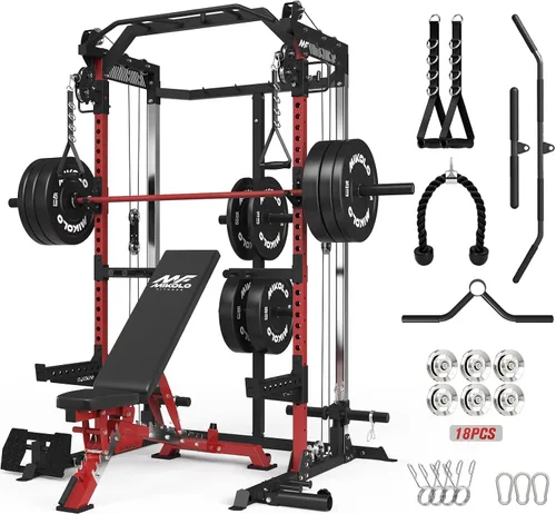 Miniatura 14 de Mikolo HR06 Power Cage with Aluminum Pulleys, 2000LB Power Rack with Independent Dual Pulley System, Multi-Function Home Gym Workout Machine for