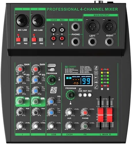 MW-4 Consola de sonido portátil profesional de 4 canales Bluetooth 5.0 Tarjeta de sonido USB 99 sonidos de audio DJ Karaoke en vivo Grabación (con