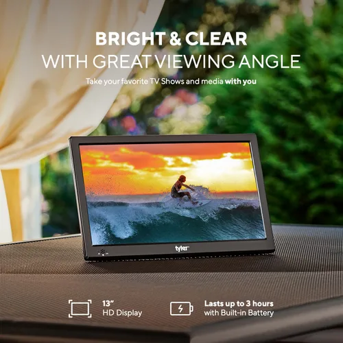 Miniatura 2 de Tyler 13" Monitor LCD de TV portátil con batería, capacidad inalámbrica, HD-TV, HDMI, ranura para tarjeta SD, USB, RCA, AC/DC, radio FM, cargador