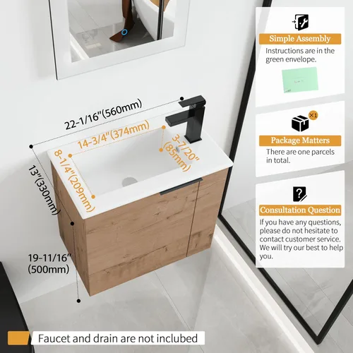 Miniatura 2 de Malwee Tocador de baño flotante de 22 pulgadas con lavabo, Tocador de baño de lavabo individual de 22 pulgadas montado en la pared, con 1 puerta