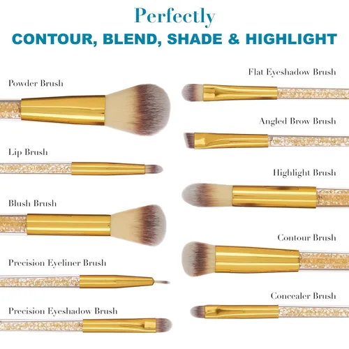 Miniatura 4 de Juego de 10 brochas de maquillaje profesionales con piedras preciosas brillantes doradas, cepillos profesionales de cerdas suaves para uso diario