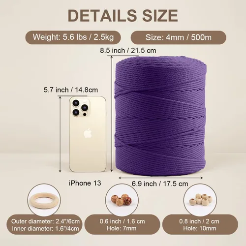 Miniatura 2 de Cuerda de macramé de algodón de 4 mm x 547 yardas, ZUEXT cuerdas trenzadas naturales hechas a mano de color violeta oscuro púrpura de 4 hebras