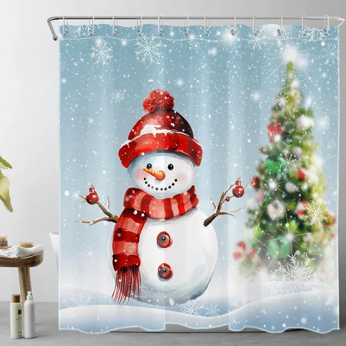 Miniatura 19 de LB Cortina de ducha de muñeco de nieve azul para baño, árbol de Navidad y copo de nieve en invierno con ganchos, juego de cortina de baño
