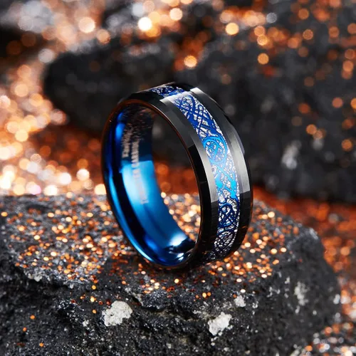 Miniatura 2 de King Will DRAGON - Anillo de carburo de tungsteno para hombre, 0.315in, plateado, azul, negro, anillo de boda con acabado pulido, Tungsteno, Sin