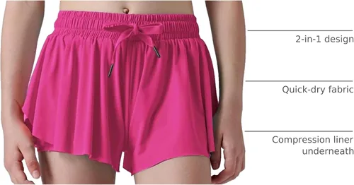 Miniatura 120 de Paquete de 3 pantalones cortos fluidos para niñas con forro de elastano, 2 en 1, faldas de mariposa para jóvenes, para fitness, correr, deportes