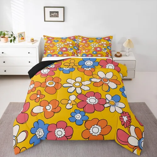 Miniatura 20 de Juego de ropa de cama con estampado floral bohemio, tamaño individual, diseño retro de flores groovy, 60S y 70S, juego de edredón de flores hippie
